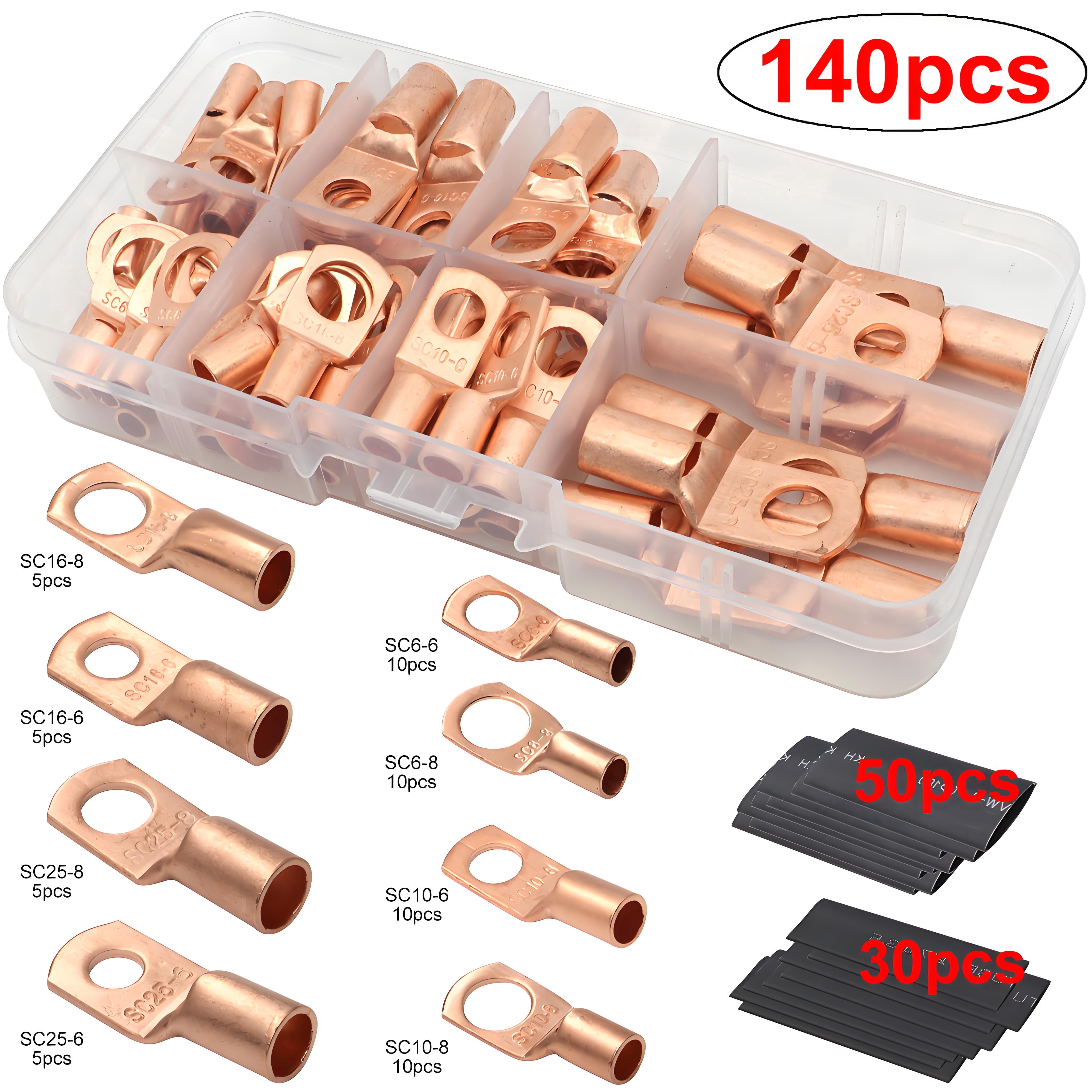 AUTOXBERT 140Pcs Car Copper Cable Wire Lugs Battery Ring Terminals Lug Bare SC Connectors Kits  AWG 4 6 8 10 Gauge
