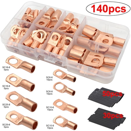 AUTOXBERT 140Pcs Car Copper Cable Wire Lugs Battery Ring Terminals Lug Bare SC Connectors Kits AWG 4 6 8 10 Gauge