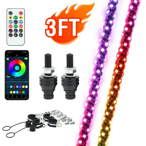 AUTOXBERT 2PCS 3FT RGB LED Whip Light DIY Chasing Patterns Antenna Lighted Whips ATV UTV