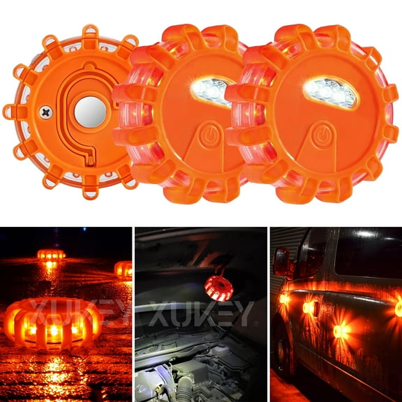 AUTOXBERT 3pc Magnetic Flashing Road Flares Emergency Safety Warning Light Battery-Powered