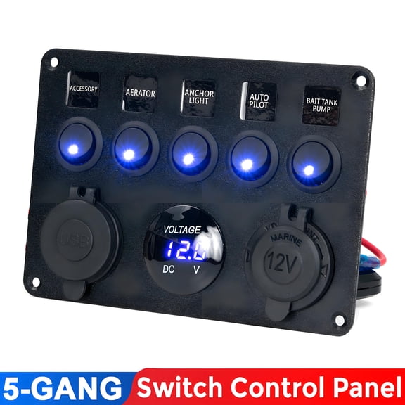 AUTOXBERT 5 Gang LED Rocker Switch Panel Dual USB Voltmeter for Car Truck Marine Boat Toggle
