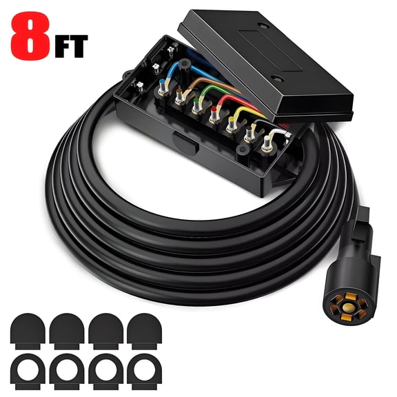 AUTOXBERT 8ft Trailer Cord 7 Way Plug Trailer Light Wire Connector With 7 Way Junction Box