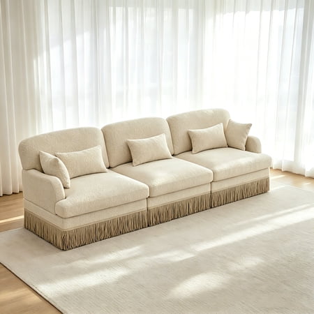 AUU 100" Beige Coffee Chenille Leopard Print 3-Seater Modular Sectional Sofa, Tassel Edge, Ergonomic Deep Seat, Easy Assembly for Living Room