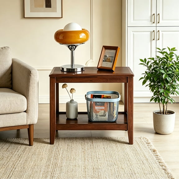 AUU 100% Solid Wood Rustic 2-Tier Side Table with Storage Shelf Rubber Wood End Table for Living Room, Sofa, or as an Indoor Plant Stand