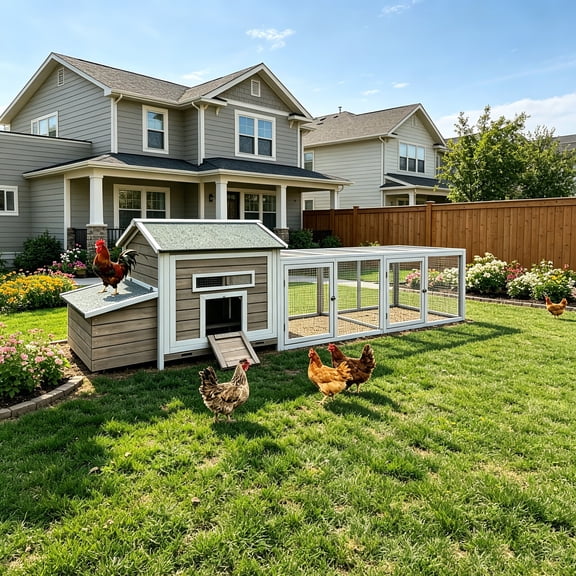 AUU 114" Wooden Chicken Coop with Outdoor Run & Lockable Nesting Box Weatherproof Hen House with Ramp, 19.6 sq. ft. Poultry Cage for 2-3 Chickens