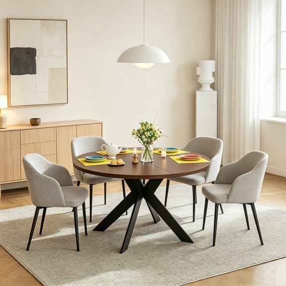 AUU 115cm Brown Walnut Round Dining Table  Premium Solid Wood Center Table with Rich Walnut Finish, Versatile Design for Living Room, Dining Room, or Bedroom