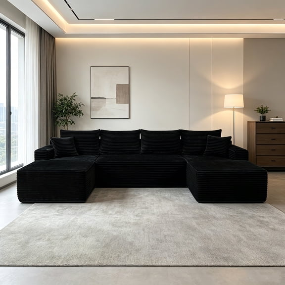 AUU 126" Plush Cloud U-Shape Sectional Sofa with Side Pockets & Cup Holder, Modular Deep Seating Couch for Living Room/Bedroom, No Assembly Required (Black)