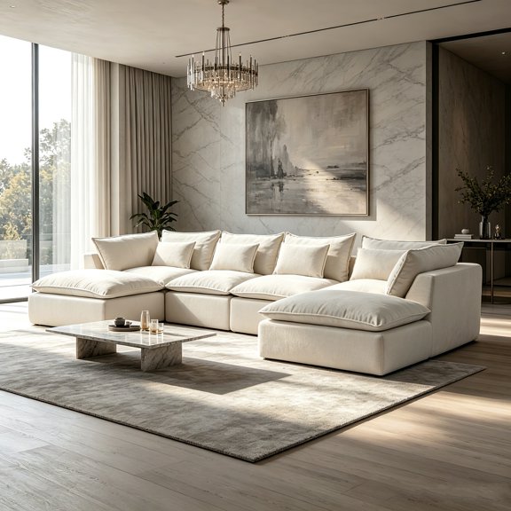 AUU 129.8" Oversized Cloud Modular Sectional Sofa with 2 Ottomans – Waffle Fabric Deep Seats, 4-Seat Comfy Couch Set for Large Living Rooms or Open Spaces
