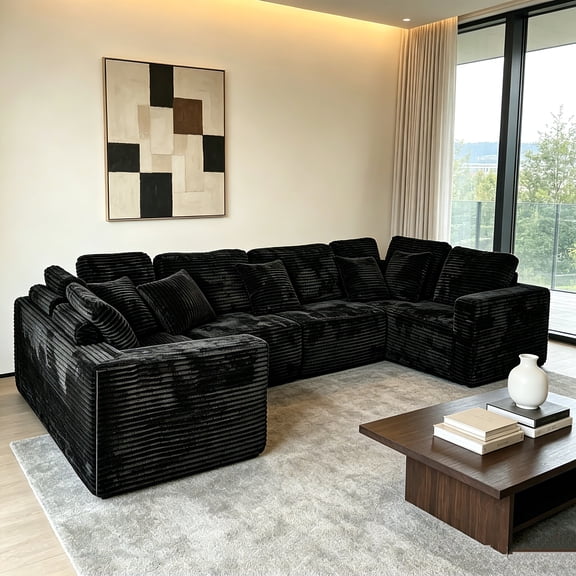 AUU 135.5-Inch Modular U-Shaped Sectional Sofa 6-Seater Chaise Lounge with Reversible Design, Black Striped Corduroy Fabric Freely Configurable Layout for Living Room