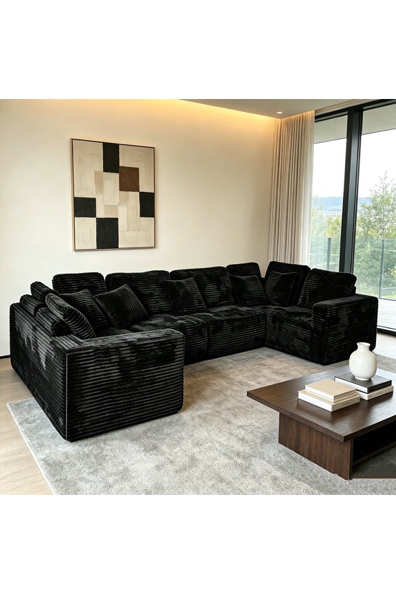 AUU 135.5-Inch Modular U-Shaped Sectional Sofa 6-Seater Chaise Lounge with Reversible Design, Black Striped Corduroy Fabric Freely Configurable Layout for Living Room