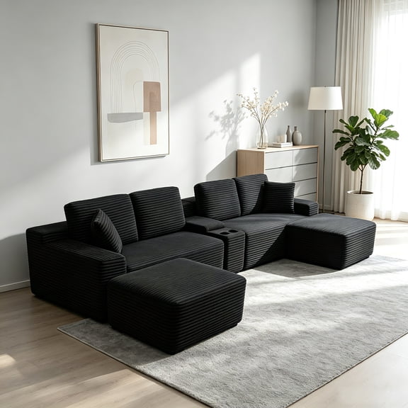 AUU 150" Oversized Corduroy L-Shape Sectional Sofa with Deep Cloud Seats, Cup Holders & USB Charging Ports – Modular Couch for Large Living Rooms