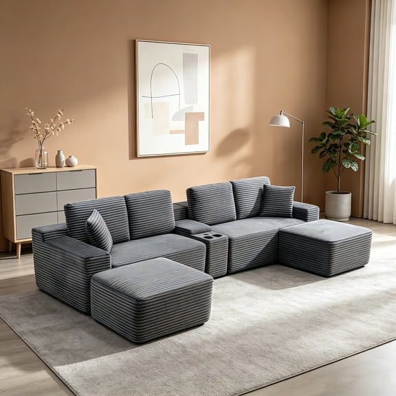 AUU 150" Oversized Corduroy L-Shape Sectional Sofa with Deep Cloud Seats, Cup Holders & USB Charging Ports –  Modular Couch for Large Living Rooms