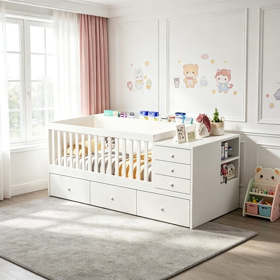 AUU 2-in-1 Convertible Bed with Daybed Function, Drawers, Solid Wood Guardrails, Changing Station & Storage  Compatible with Standard US Crib Mattresses, Includes Safety Rail, White
