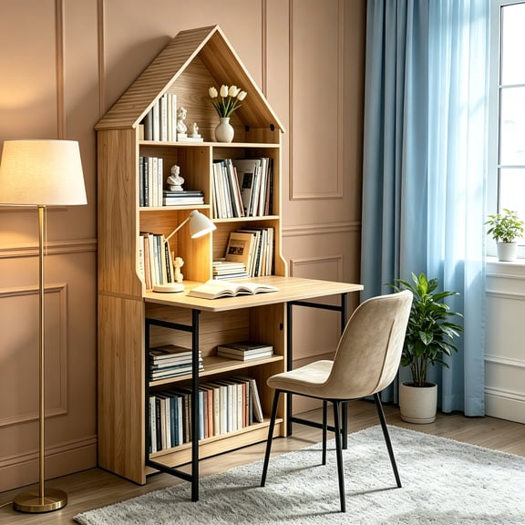 AUU 2-in-1 Folding Craft Desk with Storage Shelves Convertible Hideaway Table to Bookshelf, Space-Saving Foldable Workstation & Vanity for Small Apartments or Dorms