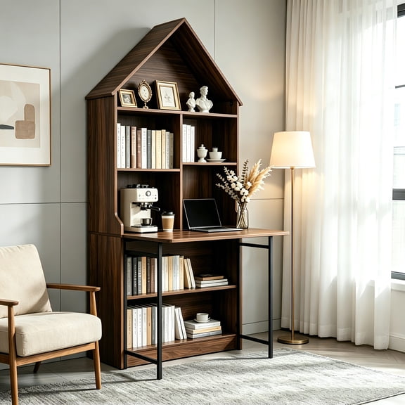 AUU 2-in-1 Folding Craft Desk with Storage Shelves Convertible Hideaway Table to Bookshelf, Space-Saving Foldable Workstation & Vanity for Small Apartments or Dorms
