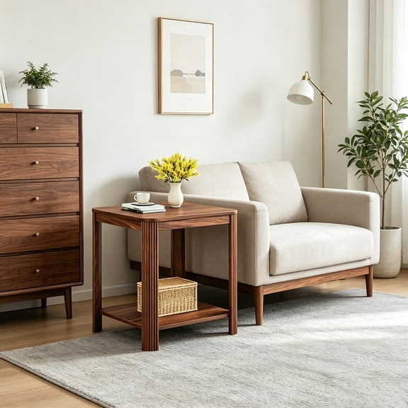 AUU 22.1" Walnut Round-Corner Square End Table with 2-Tier Storage & Vertical Wave-Grain Legs Boho Nightstand Side Table for Living Room, Bedroom, or Home Office (Small Space-Friendly)