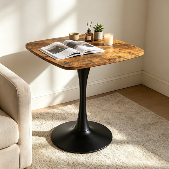 AUU 24" Square Tulip-Style Mid-Century Bistro Table with MDF Top & Matte Black Metal Base  Compact Dining Table for Kitchen, Small Spaces, Living Room, or Cafe, Rustic Brown