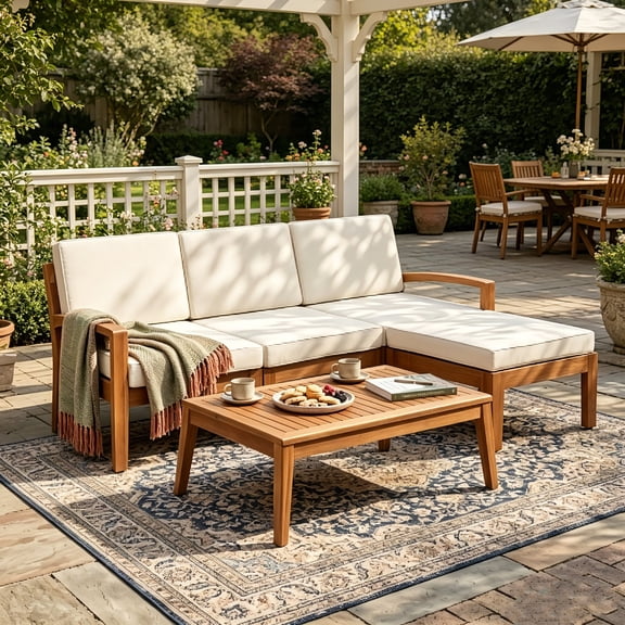 AUU 3-Piece Acacia Wood L-Shape Outdoor Patio Sofa Set Corner Sectional for Garden, Deck, or Backyard