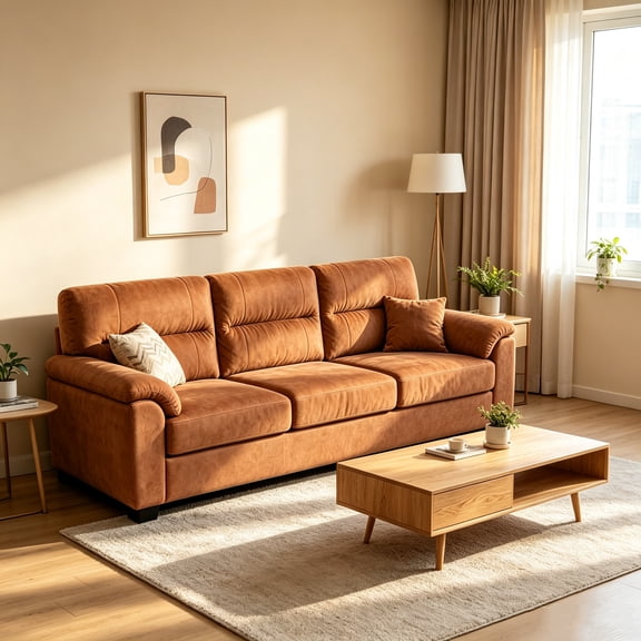 AUU 3-Piece Vintage Mid-Century Tech Fabric Sofa with Wide Pillow Armrests Deep Plush Seating, Durable Microfiber Upholstery, Pet-Friendly Brown Couch for Living Room or Home Office