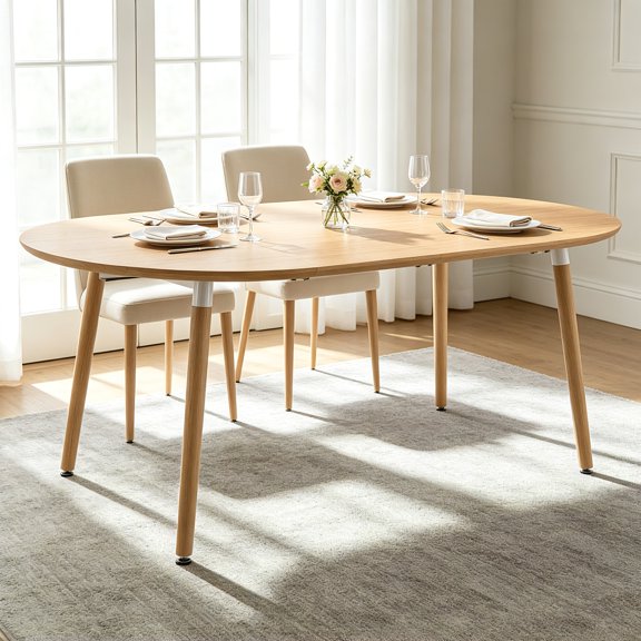 AUU 3-in-1 Extendable Dining Table 43.3" Round to 74.8" Oval with Solid Wood Legs & Quiet Glide Rails, Heavy-Duty Space-Saving Table for 48 Seats, Kitchen or Dining Room