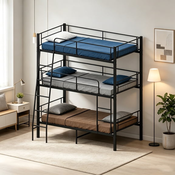 AUU 3-in-1 Twin Triple Bunk Bed  HeavyDuty Black Metal Frame, Detachable into Three Standalone Twin Beds with Safety Rails & Ladders, SpaceSaving Stackable Design for Dorms, Guest Rooms