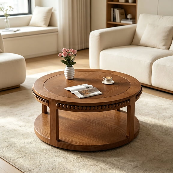 AUU 31.5" Round Walnut Solid Wood Coffee Table, Two-Tier Thickened Top & Sturdy Legs, Circle Sofa Table for Living Room