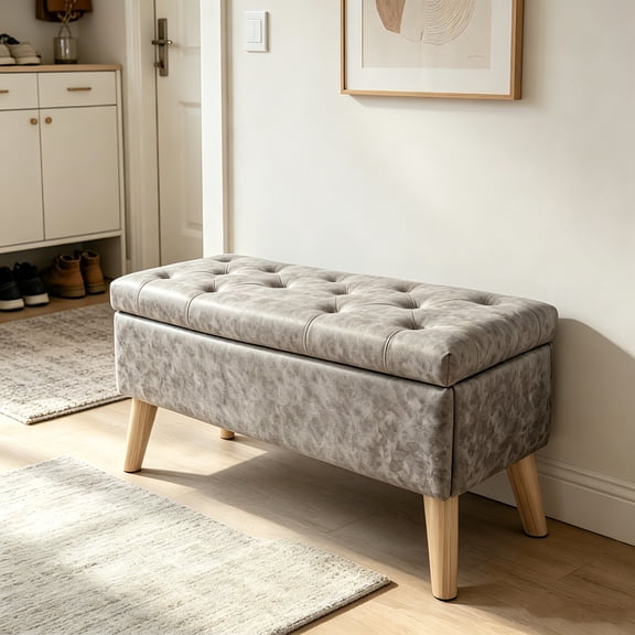 AUU 32" Square Storage Ottoman Bench with Built-in Tray – Upholstered Footrest & End-of-Bed Bench with Modern Stitching, Extra Storage for Living Room or Bedroom