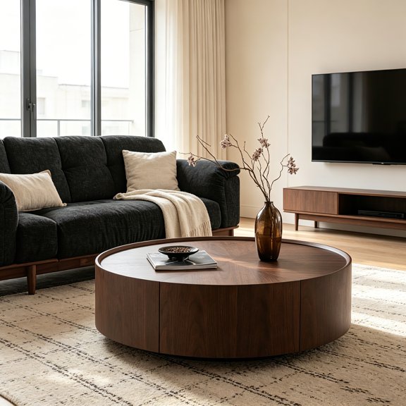 AUU 35.4-Inch Circular Walnut Coffee Table for Living Room Bedroom Office
