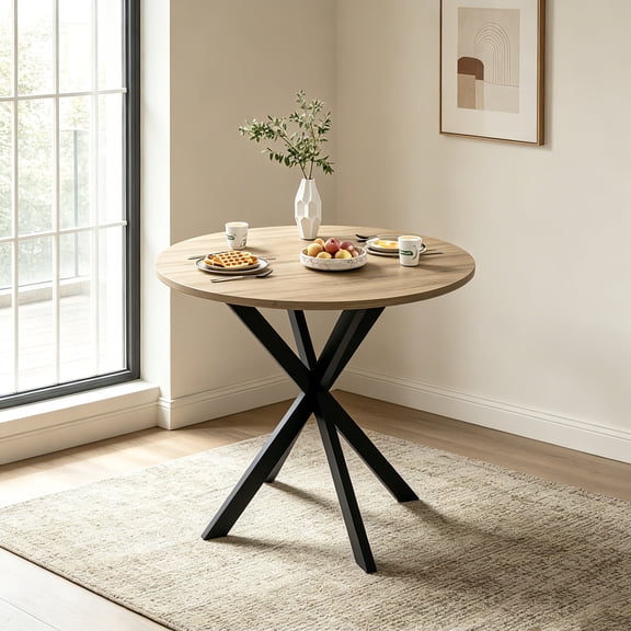 AUU 35.43-Inch Round Dining Table, Small Circle Kitchen Table with Black Metal Legs, Modern Brown Table for 2-4 People (Table Only)