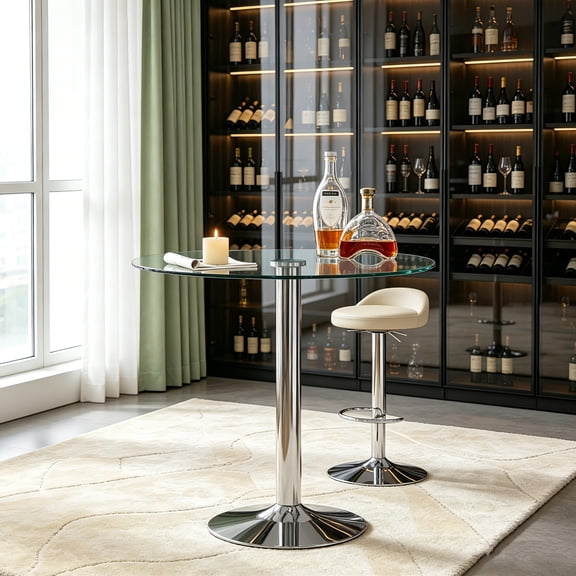 AUU 35-Inch Round Glass Dining Table, Modern Minimalist Circular Table with Electroplated Silver Metal Legs for Dining Room, Living Room, or Conference Room
