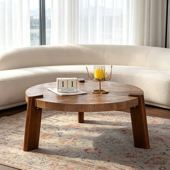 AUU 36.61" Round Herringbone Coffee Table, Solid Wood & MDF, Rustic Natural Distressed Finish with Tapered Legs for Living Room