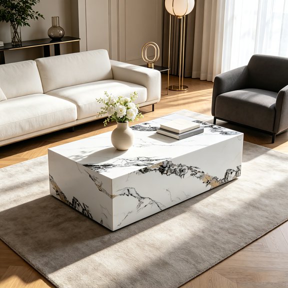 AUU 39.3" x 21.6" Marble-Patterned MDF Rectangular Coffee Table, Waterproof & Easy to Clean, Modern Minimalist Living Room Table