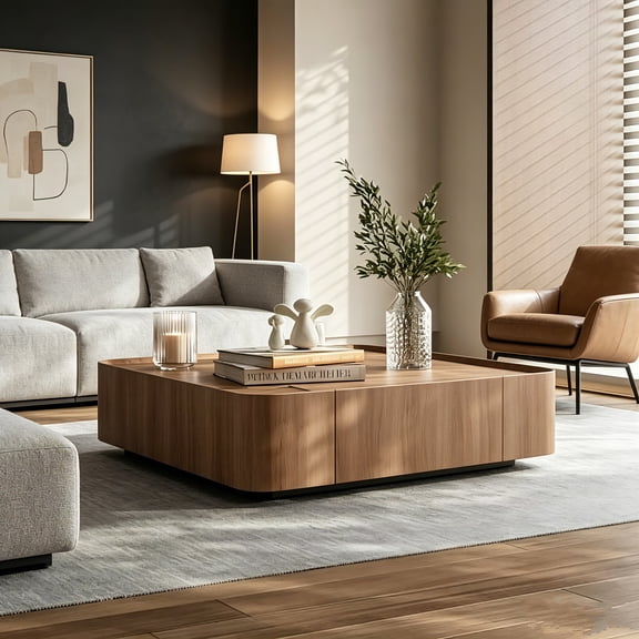 AUU 39.37" Walnut Square Coffee Table with Hidden Drawer & Raised Edge Premium Wood Center Table for Living Room, Easy Assembly