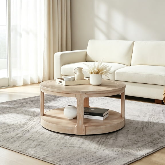 AUU 40" Large Curved 2-Tier Round Wooden Coffee Table with Wheels, Mid-Century Rustic Style for Living Room Office Apartment