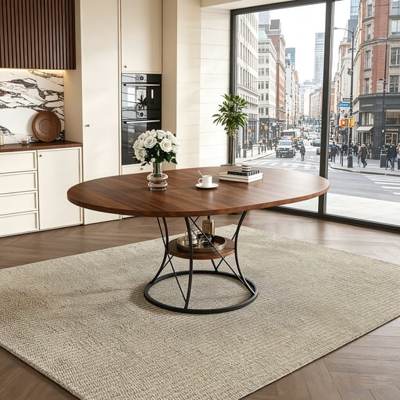 AUU 43 Inch Expandable Round Dining Table for 4-6, Farmhouse Kitchen Table with Storage Shelf & Metal Base, Extends from 43 to 59 Inches