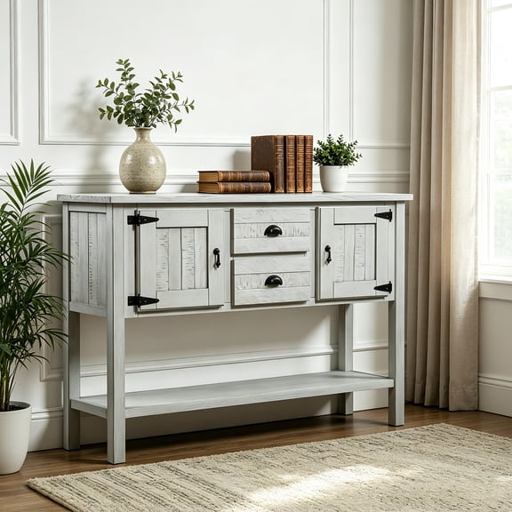 AUU 46-Inch Solid Wood Retro Sideboard Console Table  2 Drawers, Cabinets & Bottom Shelf, Buffet Server for Living Room, Kitchen, or Dining Room