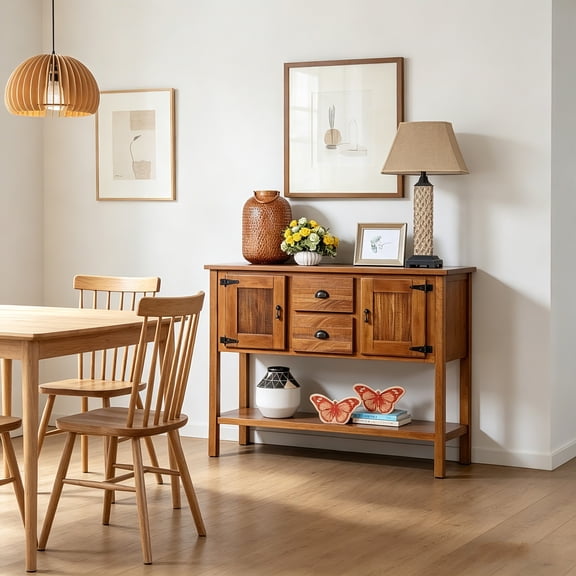 AUU 46" Solid Wood Retro Sideboard Console Table, 2 Drawers & Cabinets with Bottom Shelf, Storage Buffet Server for Living Room Kitchen Dining Room