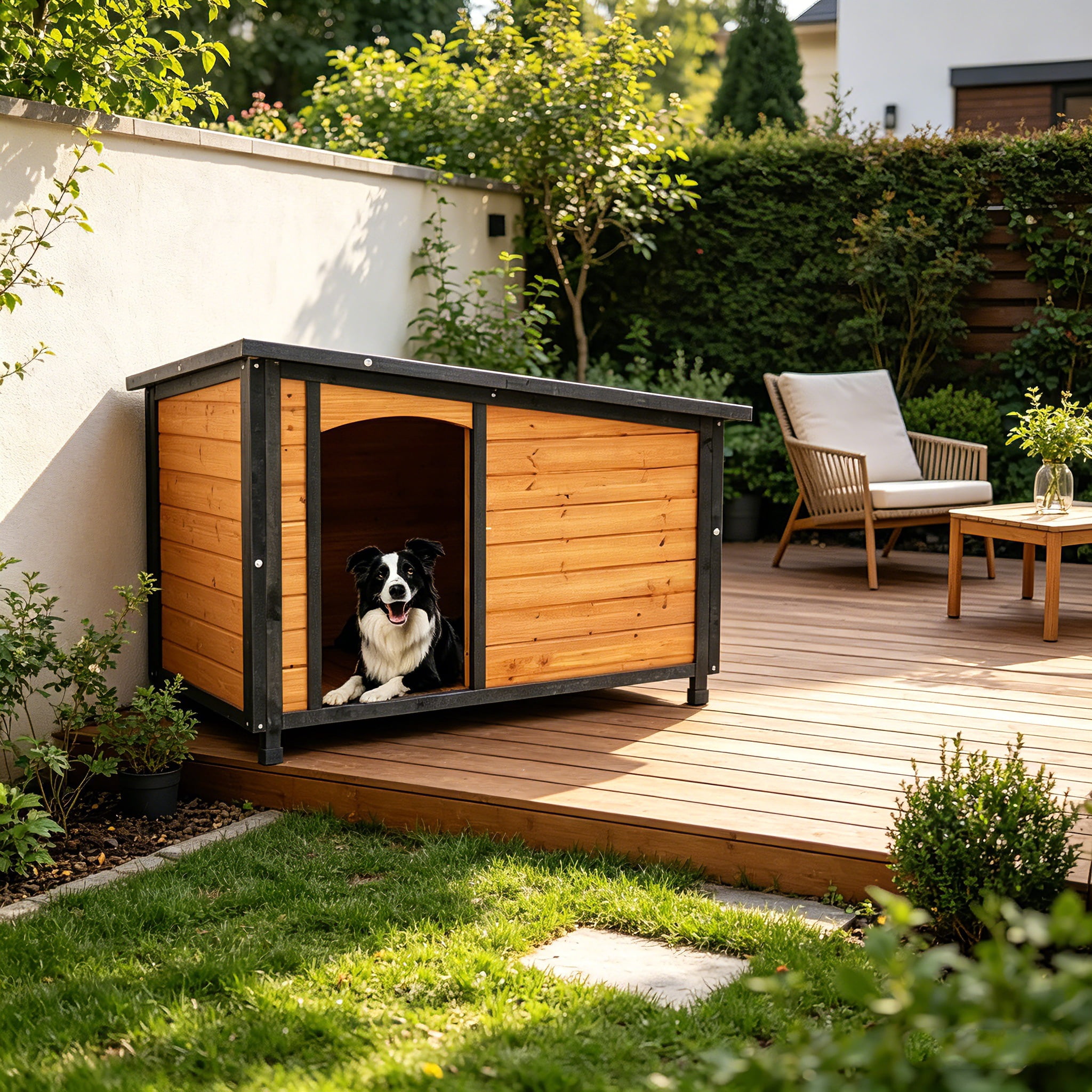 AUU 46" Weatherproof Wooden Dog House for Large Dogs, Indoor/Outdoor Kennel with Raised Feet, PVC Roof, Gold Red & Black Finish