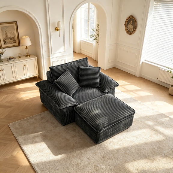 AUU 47" Oversized Sofa Chair and a Half, Deep Seat & Movable 2-Layer Ottoman Set, Cloud Sofa Bed with Chaise, 1-Seater Modular Sleeper Couch for Living Room, No Assembly, Teddy-Fleece