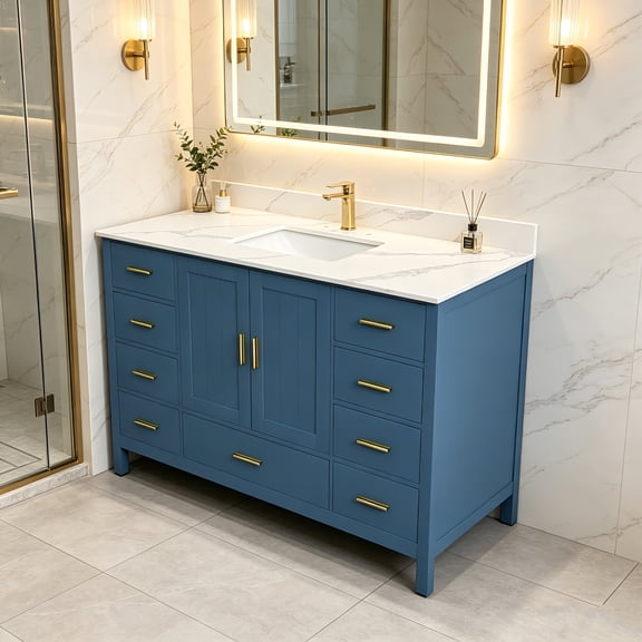 AUU 48" Modern Solid Wood Bathroom Vanity with Sintered Stone Top & Ceramic Sink – 9 Spacious Drawers, 2 Soft-Close Doors, 3-Hole Faucet Ready, Freestanding Storage Cabinet for Master Bath