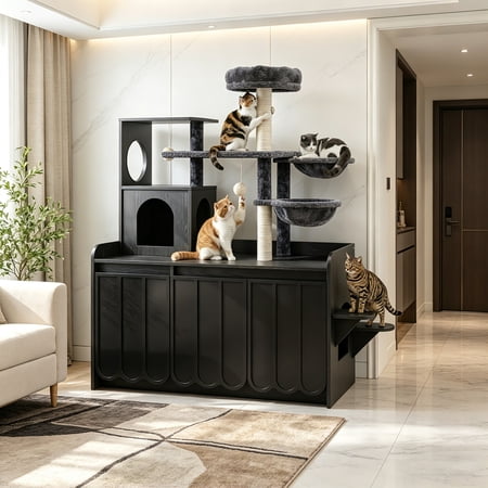 AUU 50.6" Cat Tree with Hidden Litter Box Enclosure, 5-Level Cat Tower with Sisal Scratching Post and Storage Space, All-in-One Modern Cat Condo with House, Hammock, and Perch