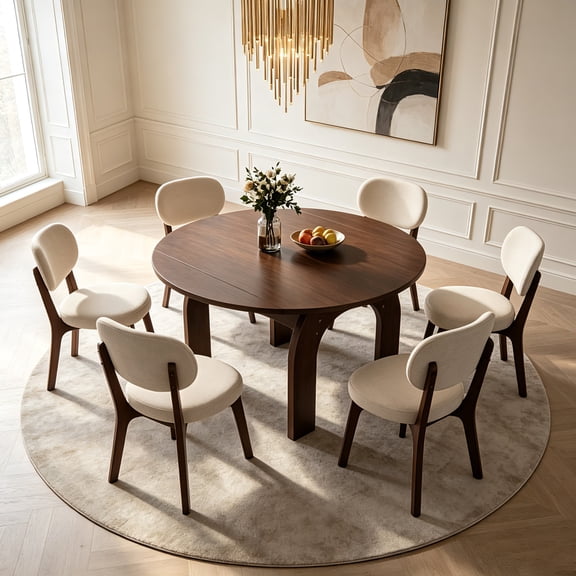 AUU 51.2" 7-Piece Farmhouse Extendable Dining Set with 6 Upholstered Chairs Solid Wood Drop-Leaf Table Converts Oval to Round, Walnut Finish & Arch Legs for Small Spaces, Easy Assembly
