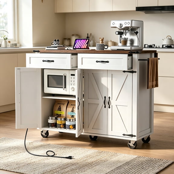 AUU 53.5" Farmhouse Rolling Kitchen Island with Power Outlet, Drop Leaf, Spice Rack and Drawer  White for Home, Kitchen and Dining Room