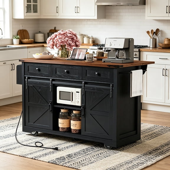 AUU 53.7" Farmhouse Rolling Kitchen Island with Power Outlet, 2 Sliding Barn Doors, Drop Leaf and Spice Rack – on Wheels for Home, Kitchen or Dining Room