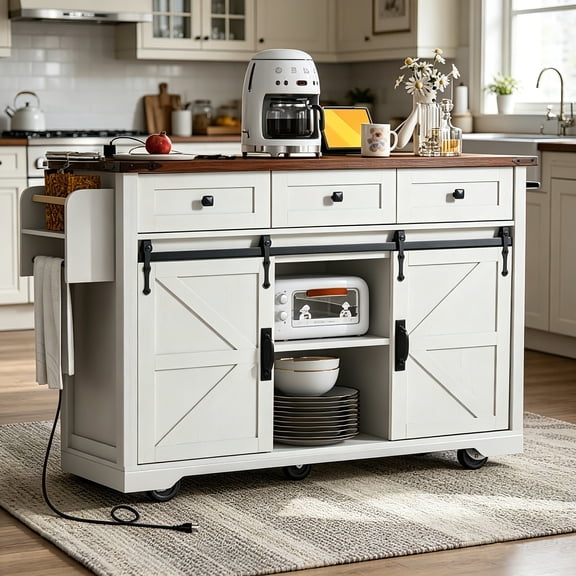 AUU 53.7" Farmhouse Rolling Kitchen Island with Power Outlet, 2 Sliding Barn Doors, Drop Leaf and Spice Rack – on Wheels for Home, Kitchen or Dining Room
