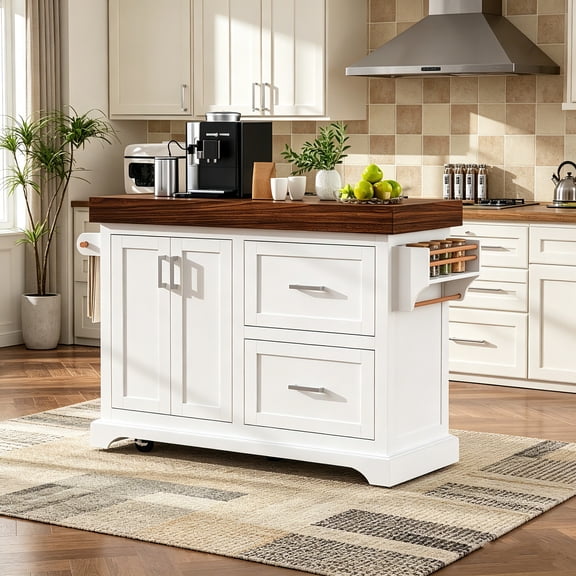 AUU 53" Large Rolling Kitchen Island with 3.5" Thick Desktop, Spice and Towel Racks, Storage on 5 Wheels and 2 Extra-Large Drawers for Home, Kitchen or Dining Room