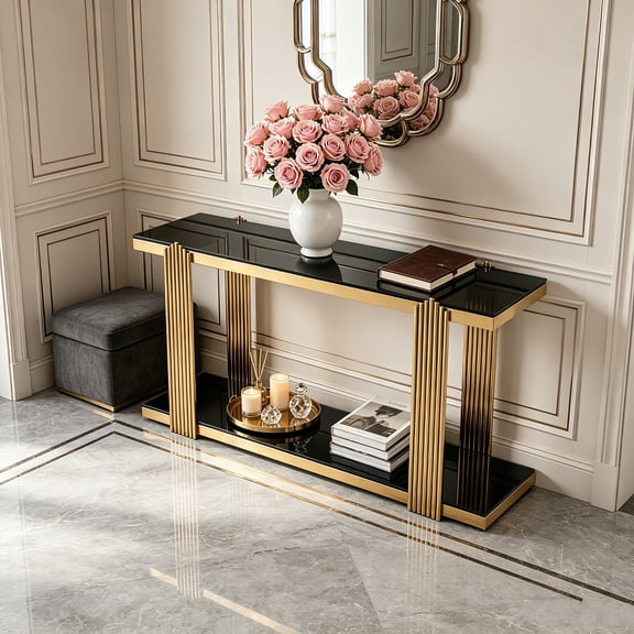 AUU 55" Gold & Black Mirrored Console Table with Double-Tier Storage – Modern Entryway Accent Table for Living Room, Hallway, or Foyer