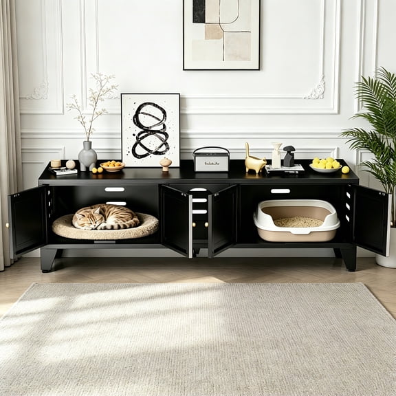 AUU 58" Black Metal Hidden Cat Litter Box Enclosure for 2 Cats Large Indoor Cat House TV Stand Cabinet with Ventilation, 2 Compartments & Adjustable Legs, Modern Pet Washroom Furniture