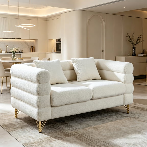 AUU 60-Inch Oversized 2-Seater Sectional Sofa, Deep Seating Comfort Fabric Couch with 2 Pillows for Living Room or Bedroom, White Teddy Fabric