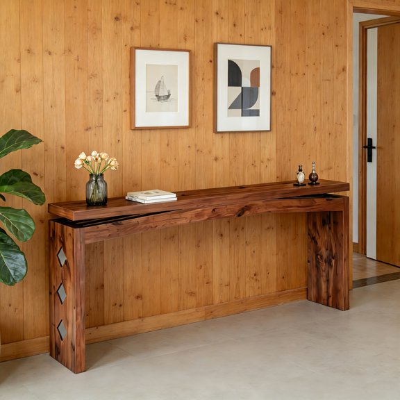 AUU 62.2" Brazilian Walnut Veneer Console Table with Wavy Curved Front Apron Ultra-Narrow 11.8" Depth Entryway Sofa Table, Mid-Century Modern Hallway Accent for Living Room or Foyer